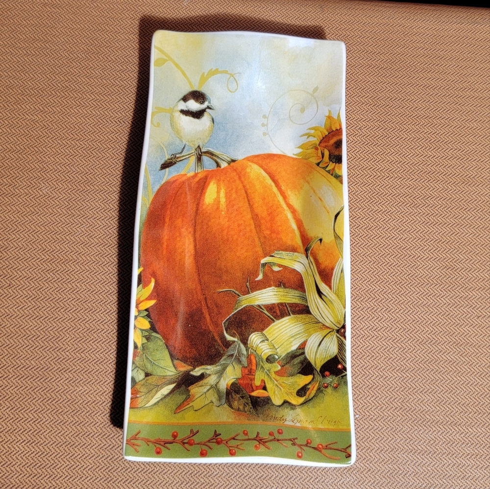 Pumpkin and Chickadee Wavy Ceramic Trinket Tray by Cypress Home